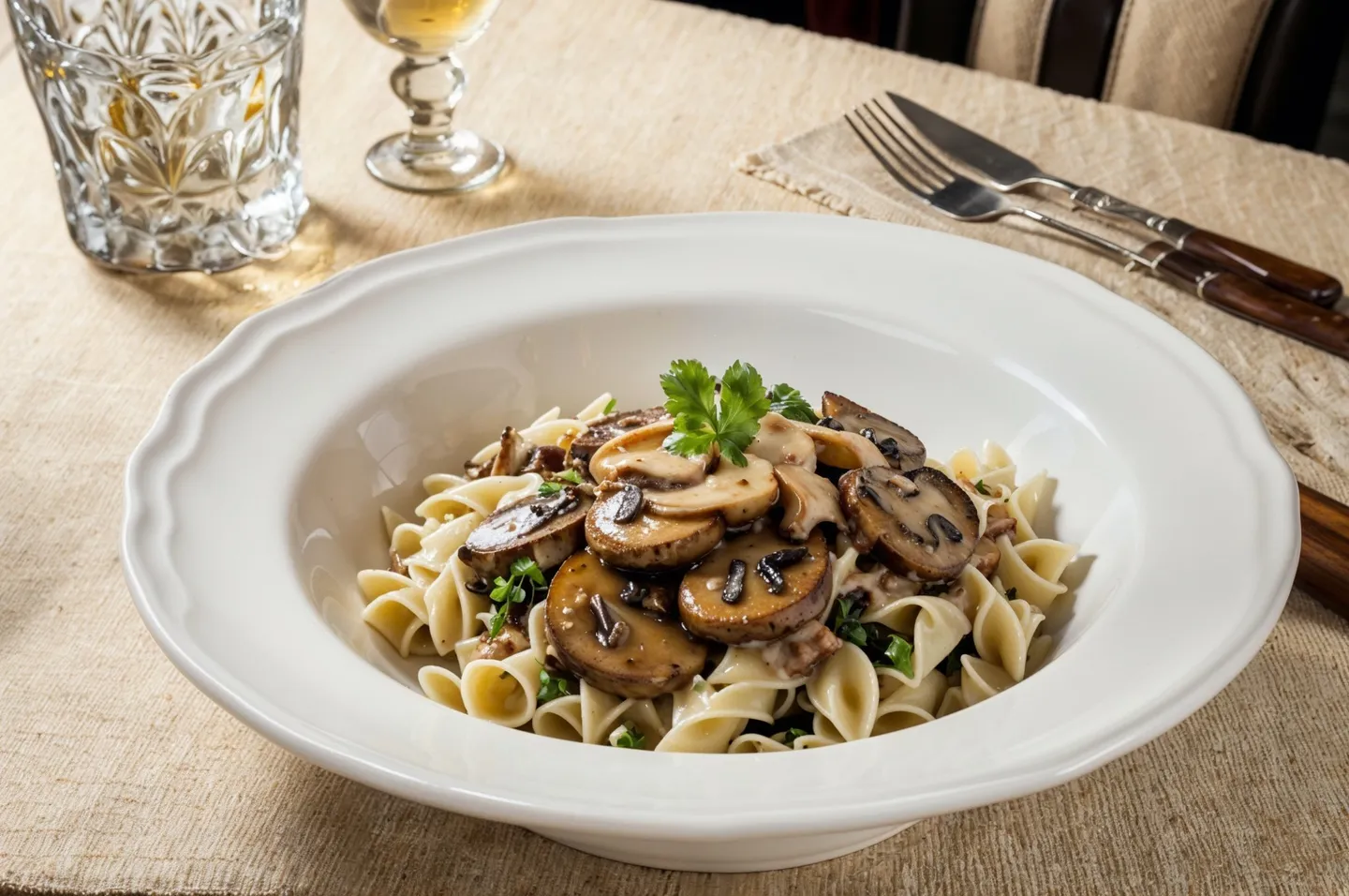 A ceramic bowl filled with Farfalle pasta topped with sautéed mushrooms and garnish, placed on a beige cloth with a glass, cutlery, and a vase holding a red rose in dim evening lighting.