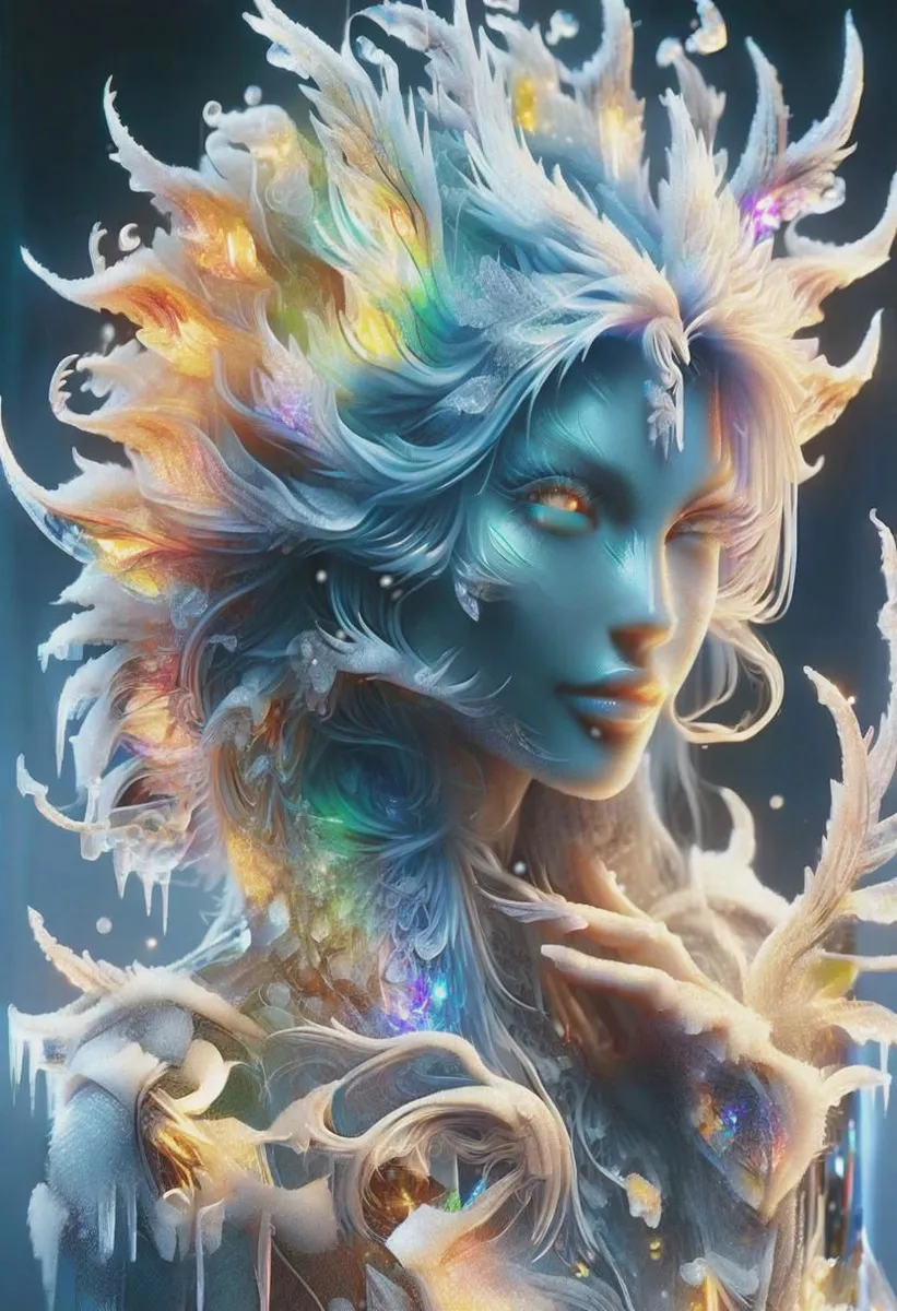 Close-up portrait of a dragon girl with ethereal, colorful, and intricate hair, glowing eyes, and detailed skin, rendered in hyperrealistic digital art style.