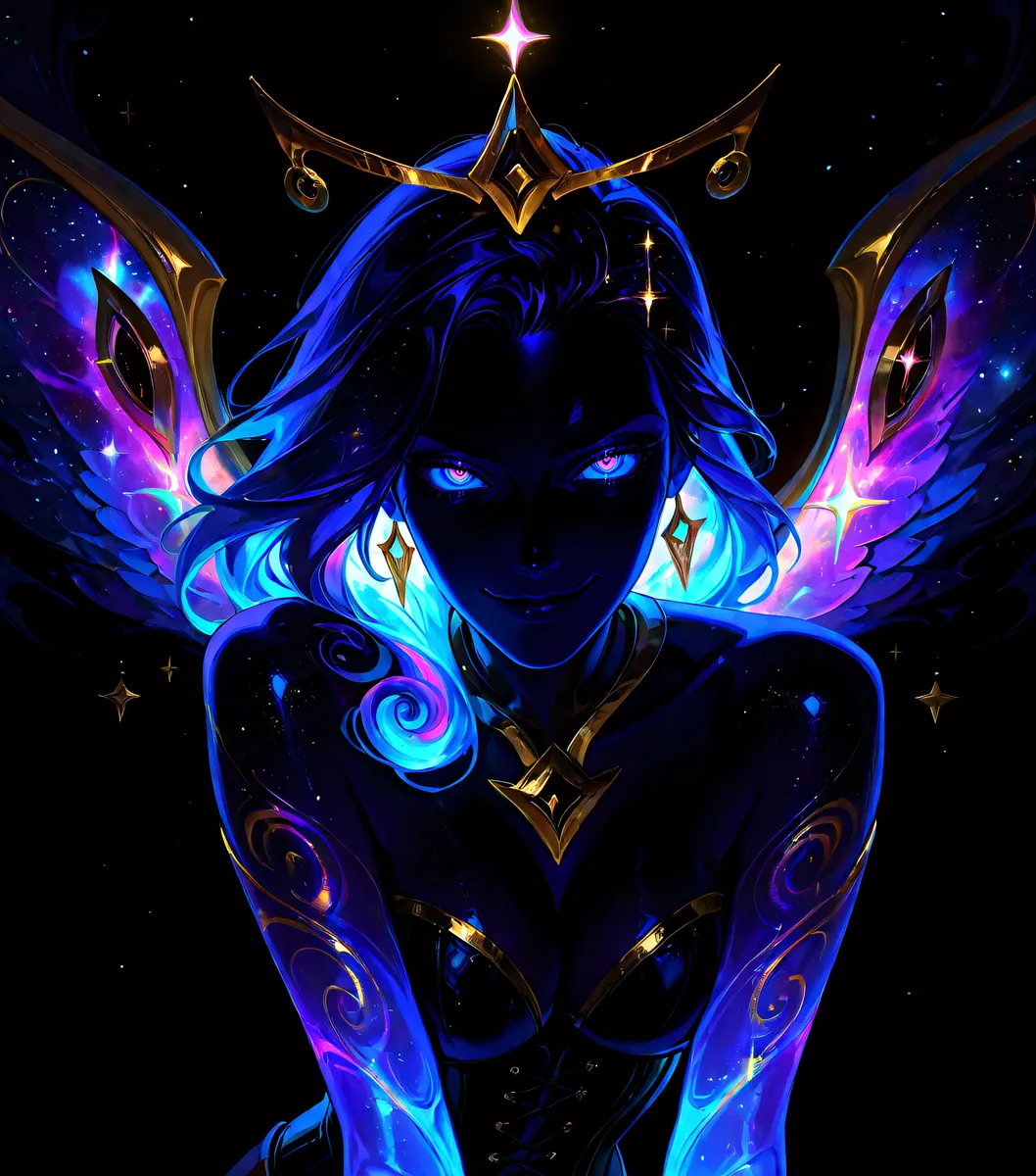 Dark cosmic figure Kayle with glowing neon blue and purple wings, galaxy hair, violet eyes, and luminous gold jewelry in a cosmic void background.
