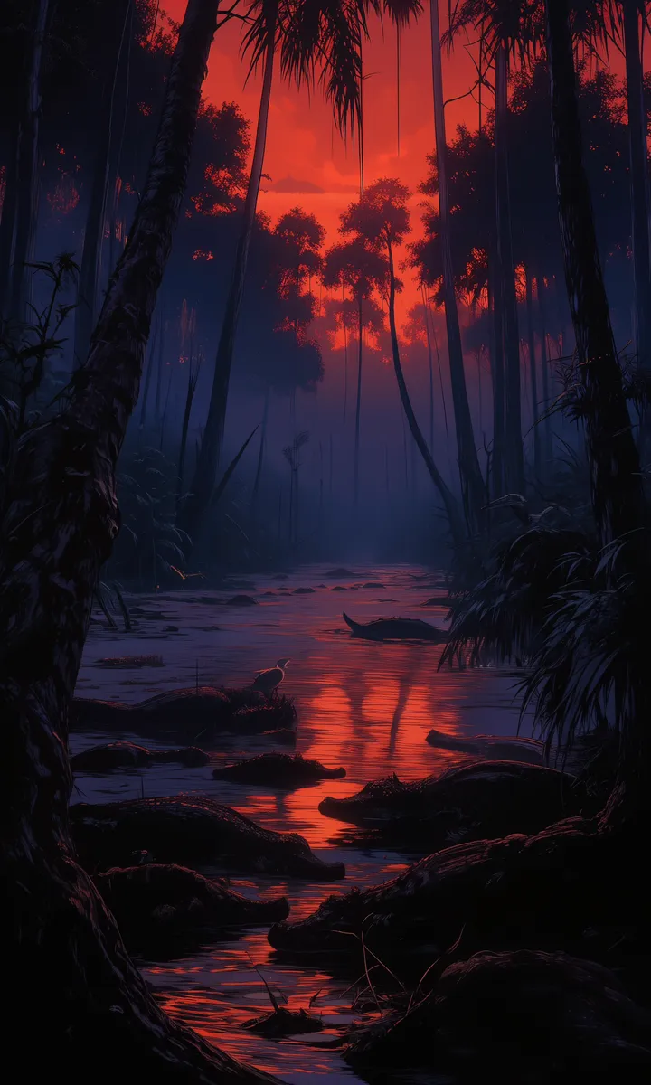 Dark swamp scene with towering cypress trees silhouetted against a crimson sunset, dense fog, and wild alligators resting in the murky water.
