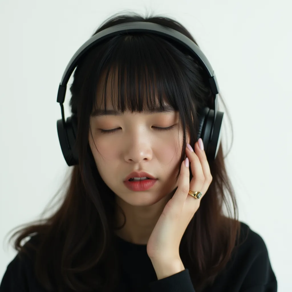Photorealistic portrait of an Asian woman with closed eyes wearing black headphones, black shirt, and gold ring, against a neutral white background.
