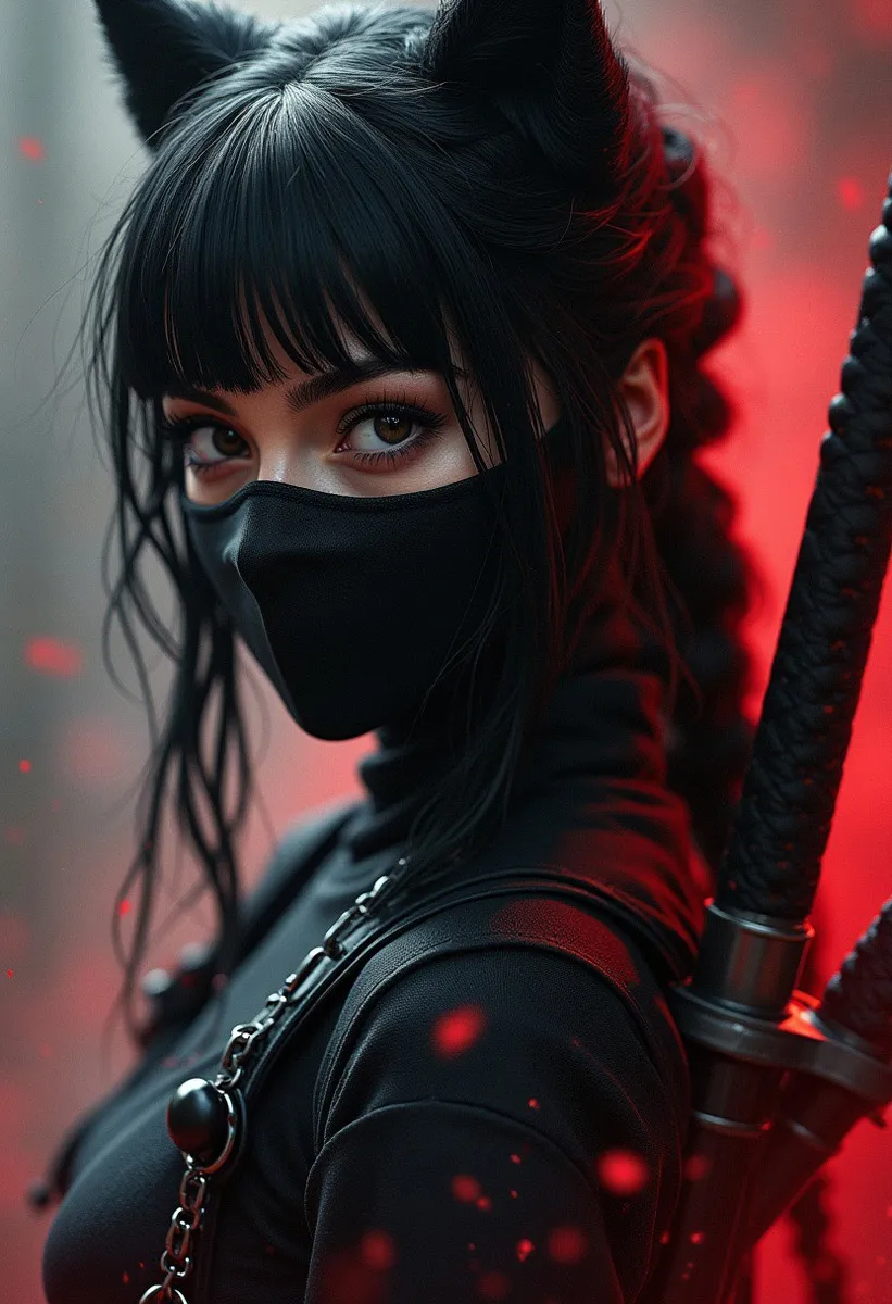 Portrait of a photorealistic black ninja girl wearing a black mask and skinny cat woman style suit with two swords on her back, illuminated by cinematic lighting with red accents.