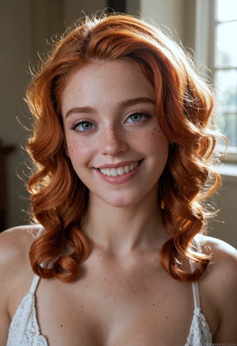 Close-up portrait of a beautiful young woman with curly ginger hair, freckles, detailed green eyes, smiling joyfully under Rembrandt lighting.