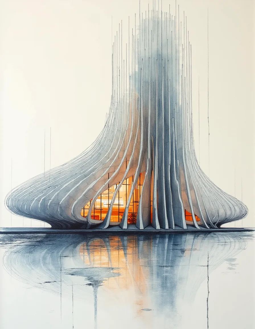 Architectural drawing of a modern organic-structured building designed by César Pelli with curved vertical elements and glowing interior reflected in water.