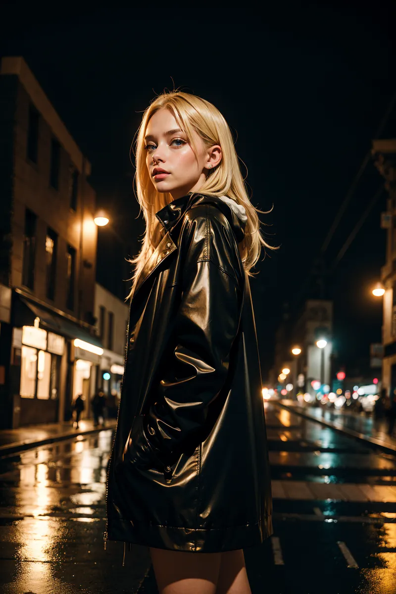 A blonde girl wearing a shiny black leather jacket stands on a rainy night street illuminated by street lights with wet reflections on the pavement.