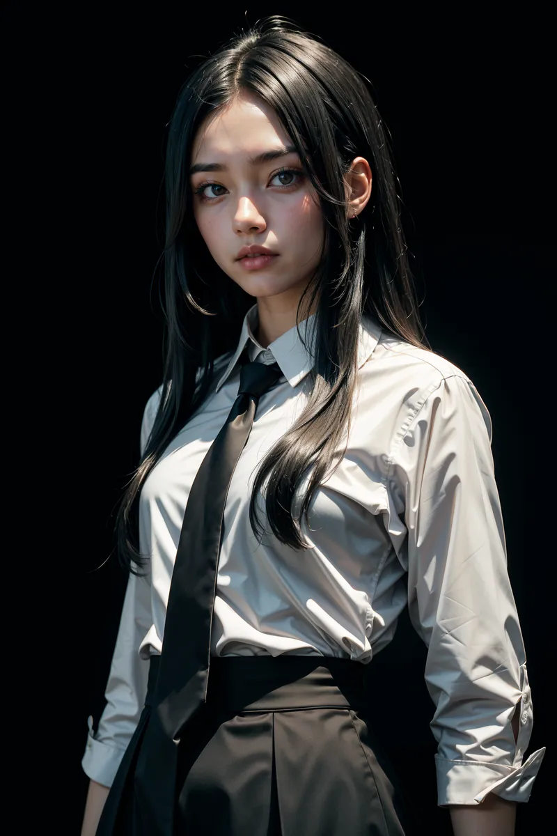 Portrait of a girl with long black hair wearing a white shirt, black tie, and black suit skirt against a simple dark background with front lighting.