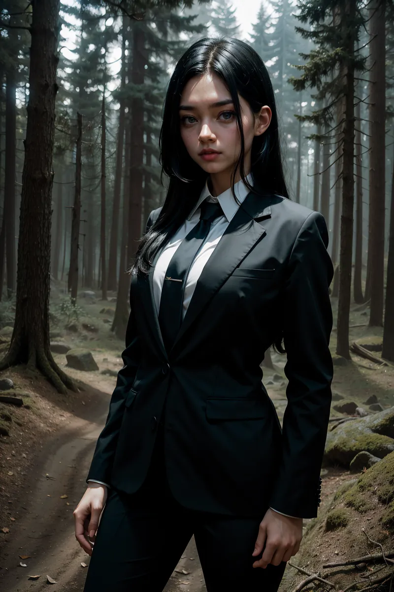 A woman with long black hair dressed in a black suit, white shirt, and black tie, standing on a forest path with tall trees and soft front lighting.