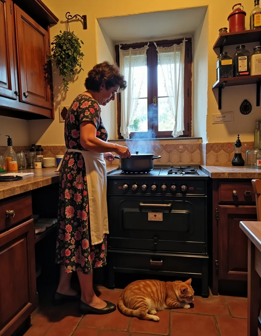An Italian woman in a floral dress with an apron stirs a pot on a vintage stove in a cozy, rustic kitchen with wooden cabinets and an orange tabby cat resting on the terracotta floor.