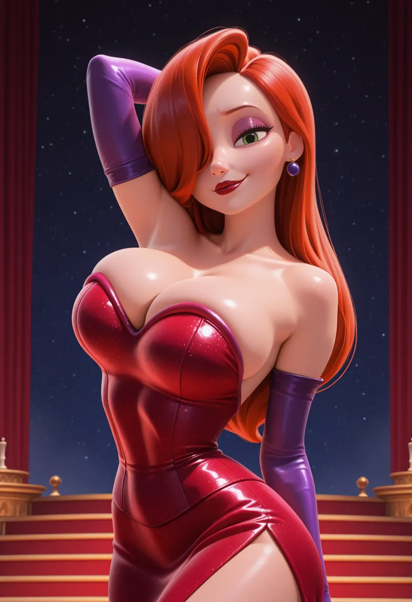 Cartoon depiction of Jessica Rabbit with flowing red hair covering one eye, green eyes and glossy red lipstick, wearing a shiny red strapless dress and purple gloves, smirking on a stage with starry night background.