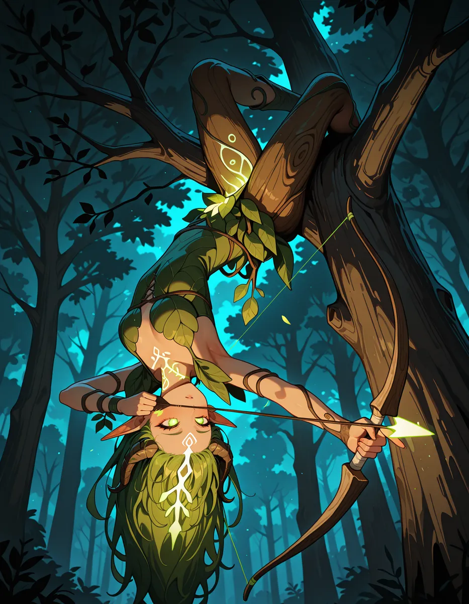 A dryad with wooden skin and leaf armor hanging upside down from a tree branch, aiming a glowing green arrow from her bow in a dark forest at night.