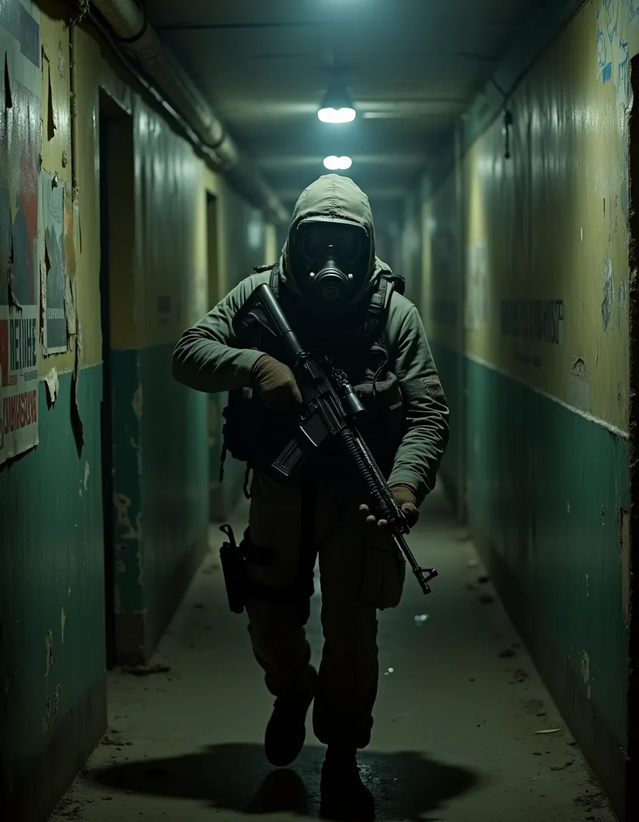 A soldier wearing dark tactical gear and a gas mask, cautiously moving through a dimly lit, decaying post-Soviet apartment hallway holding a rifle.