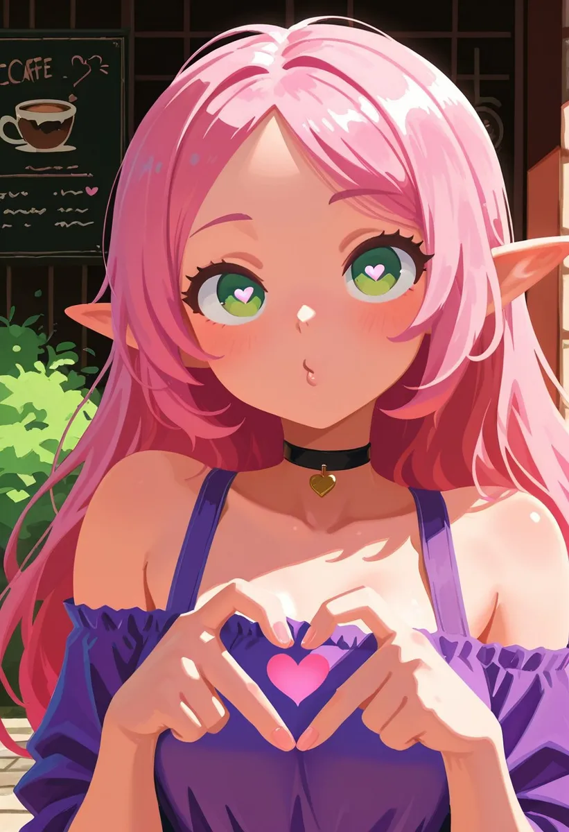 Anime-style elf girl with pink hair and green eyes showing heart hands in a cafe setting.