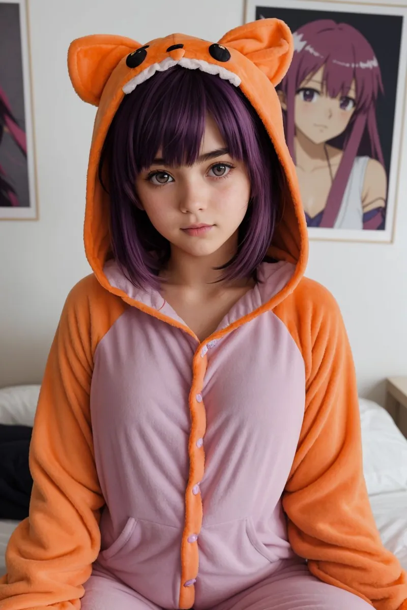 A young anime fan with two-toned purple hair wears a cozy orange and pink animal onesie, sitting in a dimly lit girly bedroom with anime posters in the background.