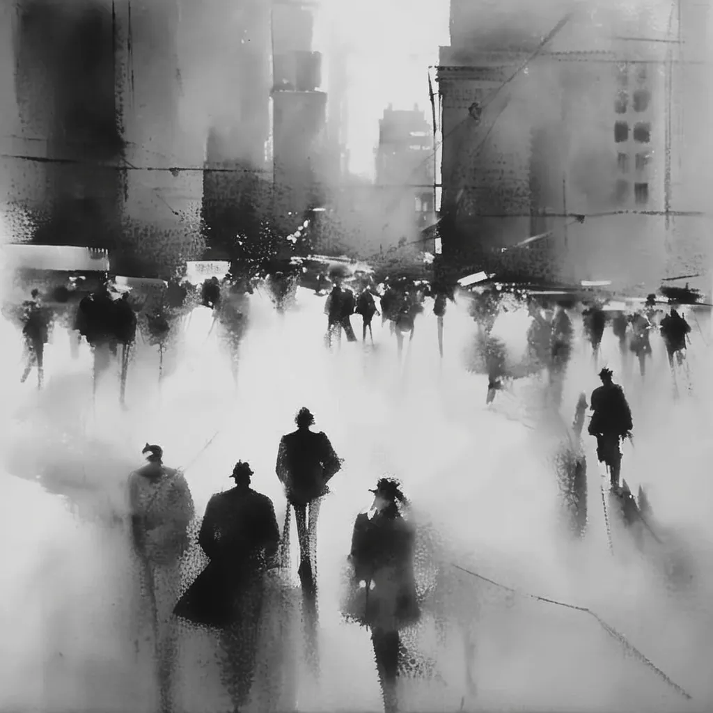 Black and white cityscape showing silhouettes of people walking through a foggy urban environment with tall buildings in the background.