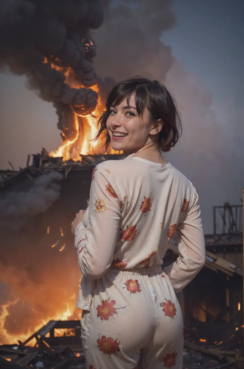 Close portrait of a smiling young woman in floral pajamas standing with her back and head turned near a burning old wooden mansion with thick smoke and flames.