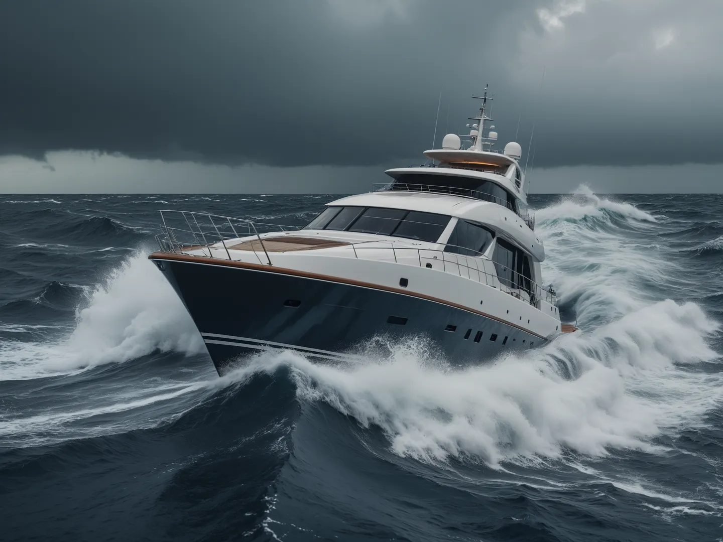 Luxury yacht sailing through rough ocean waves under a cloudy sky with thunderstorm conditions, cinematic and high-quality 4K scene.