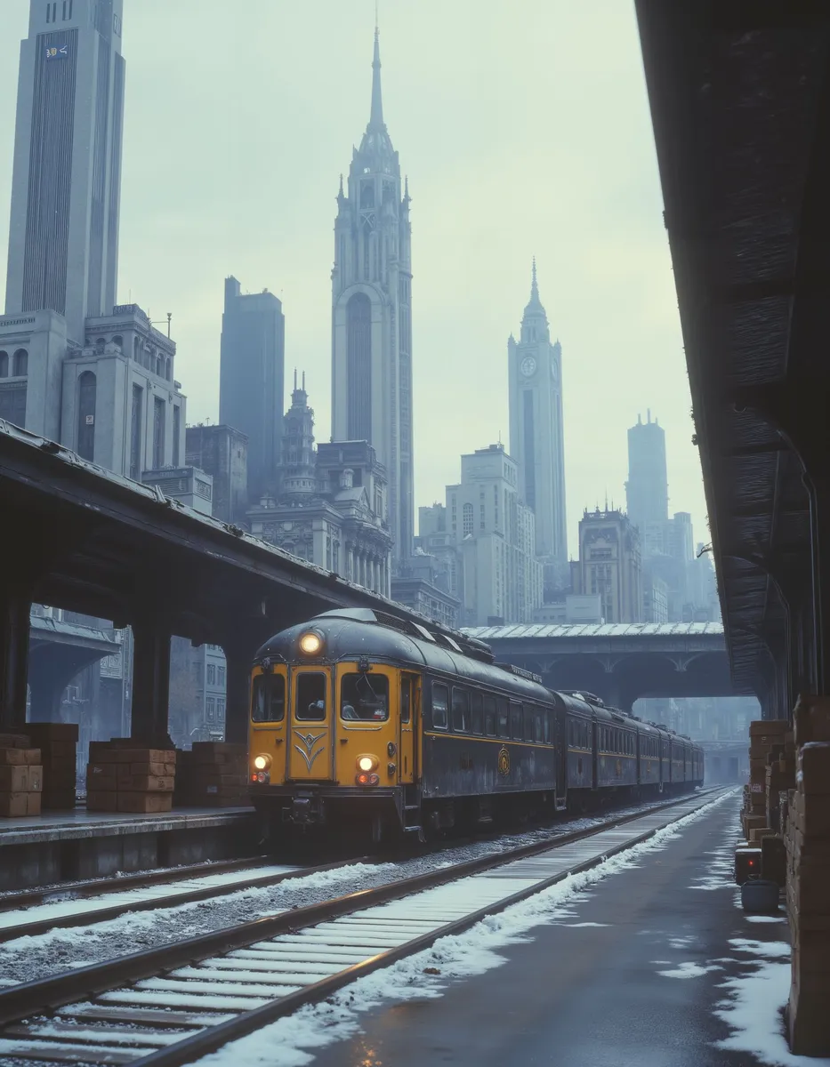 An art deco style yellow and black train arrives at a snowy railway station with stacked boxes on the platform, set against a dystopian cityscape with towering skyscrapers under a cloudy sky.