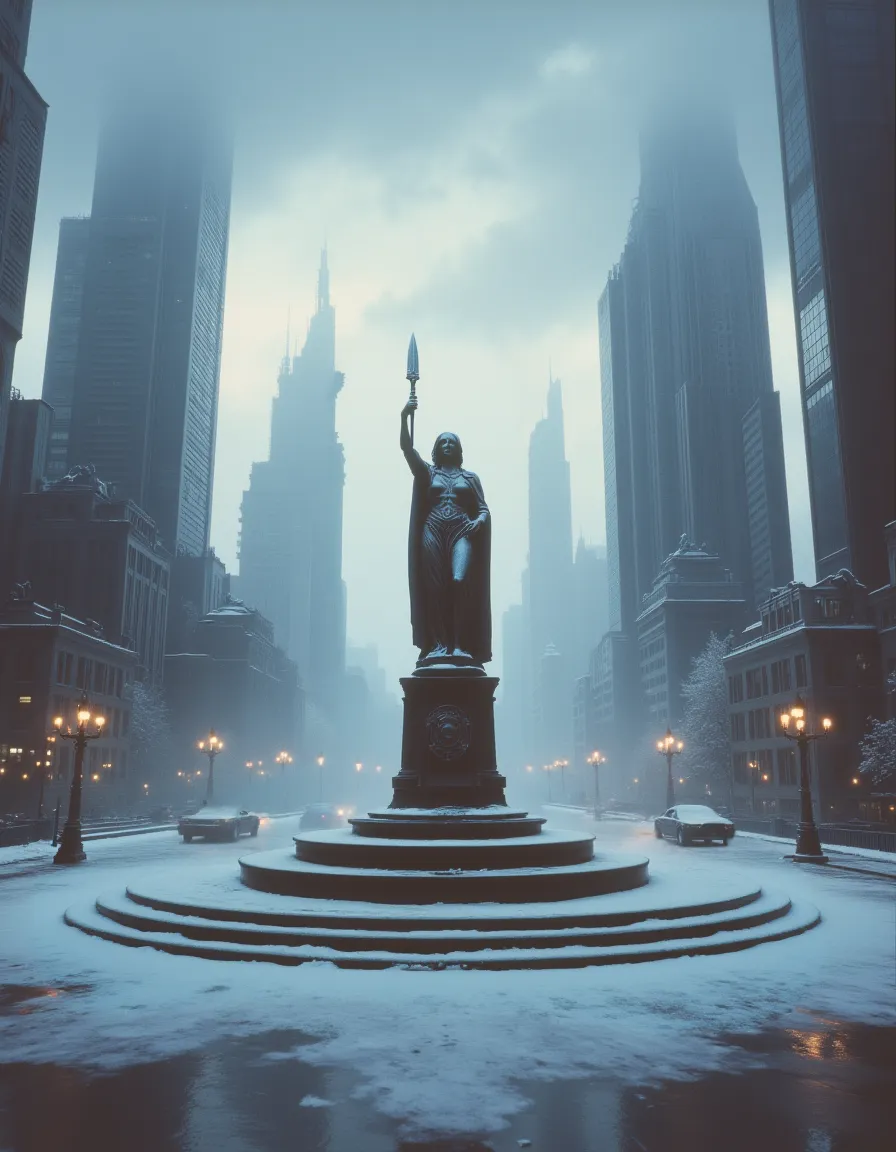 A dystopian cityscape with towering skyscrapers shrouded in fog and clouds, featuring a snowy roundabout at the center with a statue of a woman holding a sword, surrounded by street lamps and cars under an industrial, cloudy sky with 80s fantasy movie vibes.