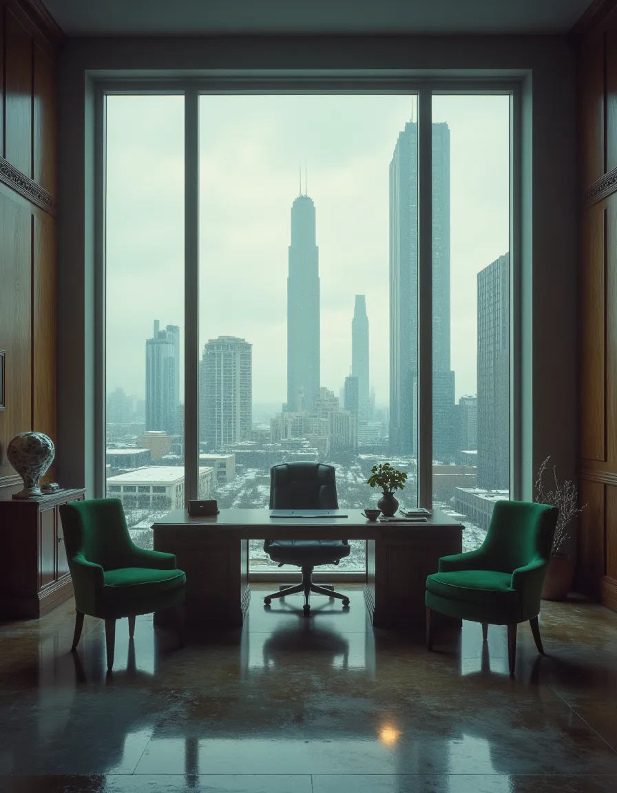 Office room featuring traditional wooden desk and green velvet chairs with floor-to-ceiling windows overlooking a dystopian cityscape with skyscrapers under a cloudy sky.