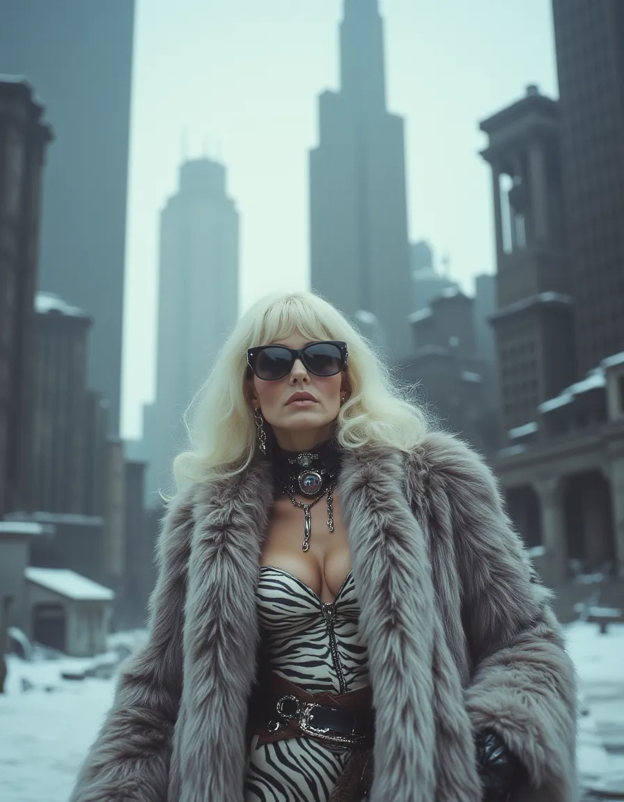 Woman with white hair wearing a zebra outfit and large fur jacket, sunglasses, standing in snowy dystopian city with tall skyscrapers in background.