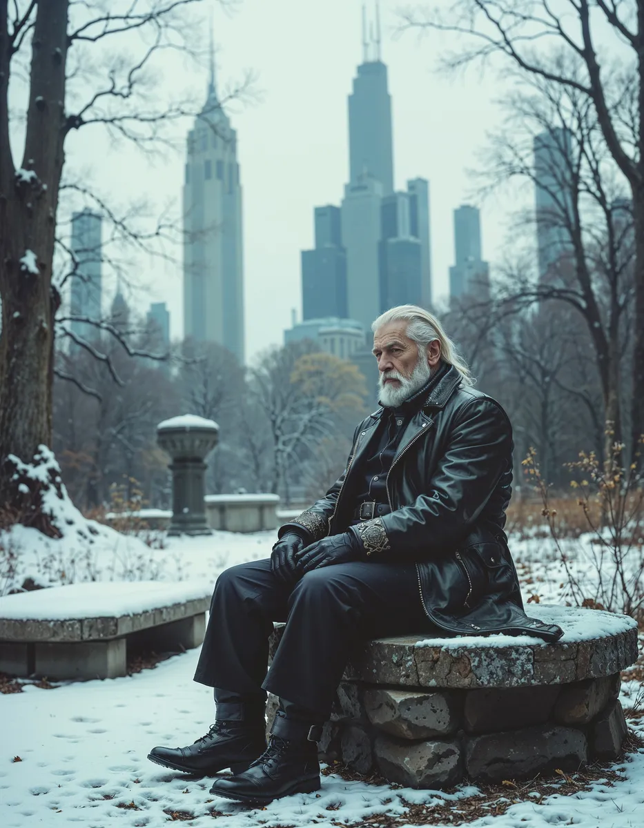 An elderly white-bearded man wearing an extravagant black leather jacket and gloves sits solemnly on a snowy stone bench in a winter park with dead trees, set against a backdrop of tall skyscrapers under a cloudy sky.