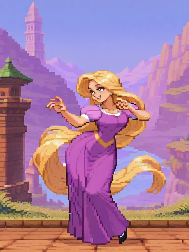 Pixel art of Rapunzel in a purple dress striking a dynamic fighting stance outdoors with a tall tower and valley in the background.