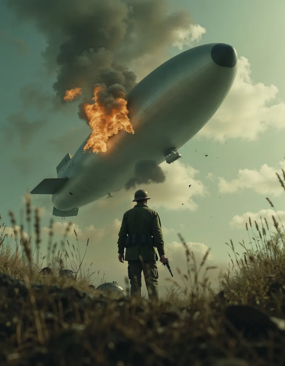 A soldier in 1920s military uniform stands with a pistol, watching a giant burning military blimp falling from the sky amidst smoke and destruction.