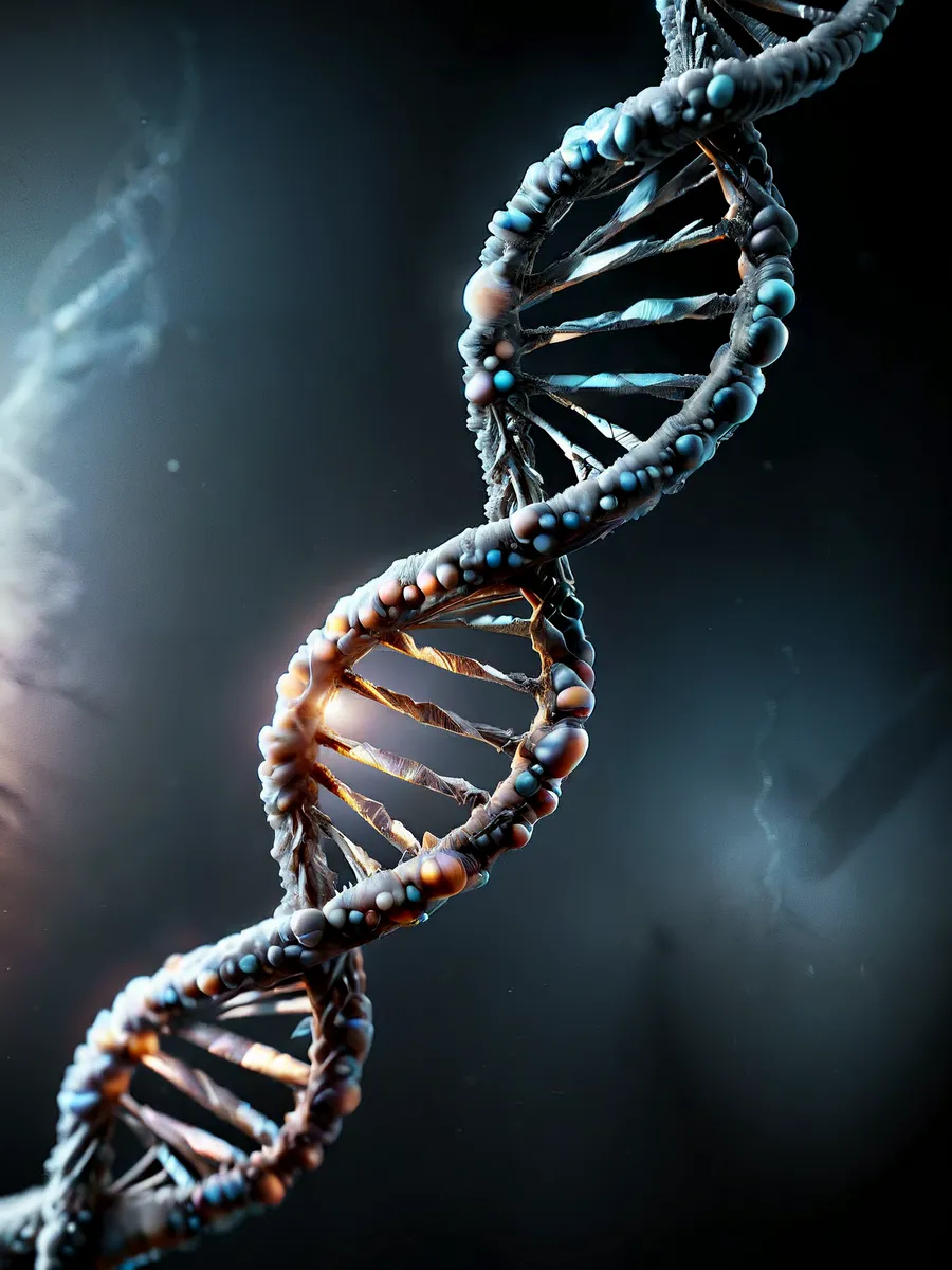 Closeup of a cinematic DNA strand made of ral-bismut spheres and ribbons in a high quality 4k photo with a dark cinematic background.