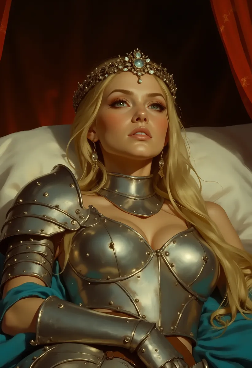 Portrait of a blonde woman wearing shiny silver medieval armor and a jewel-encrusted tiara, lying back on a pillow with a dark background and red curtain.