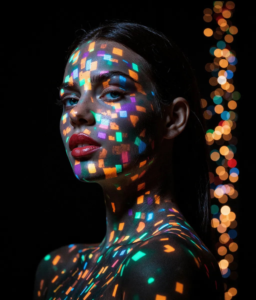 Portrait of a model with colorful pixel-like digital projections on the face and upper body against a dark background with vertical bokeh light effects.