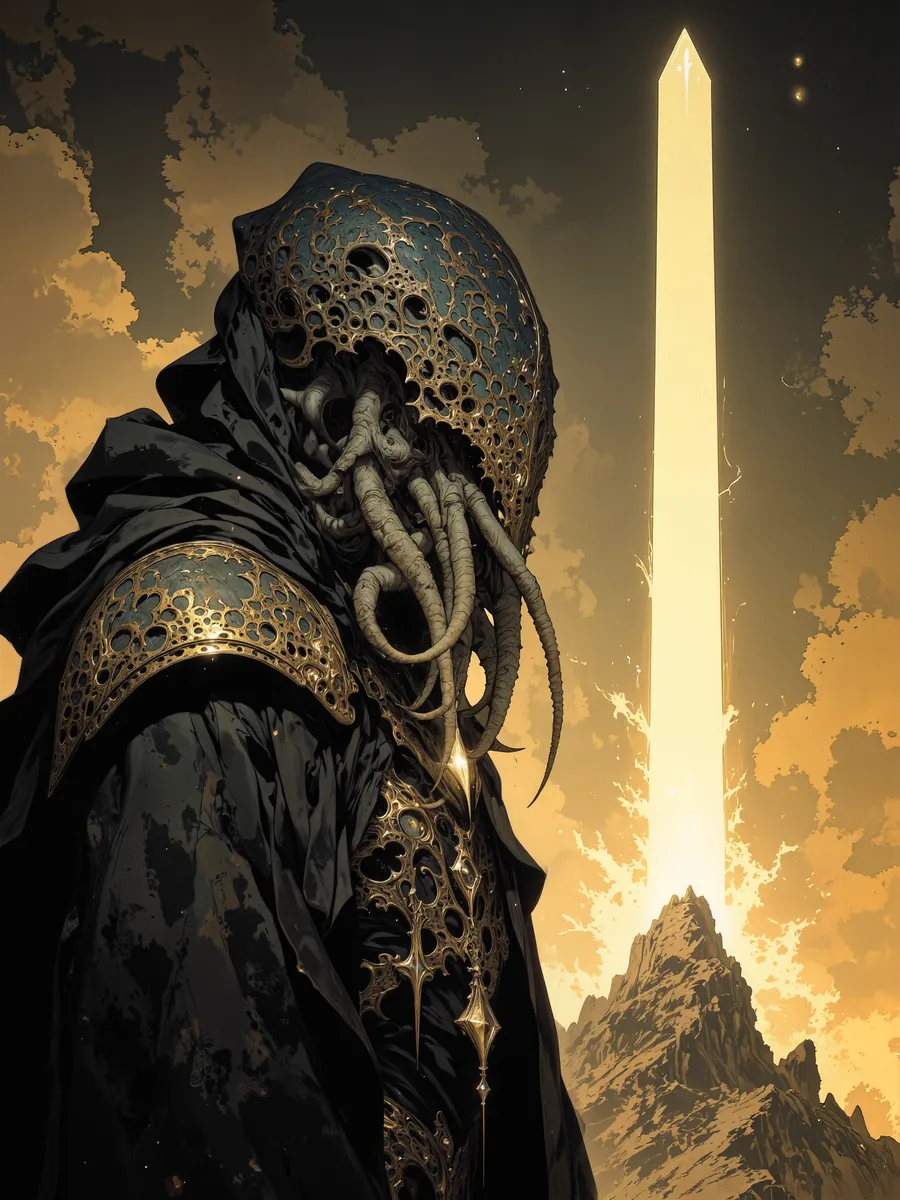 A dark hooded figure with tentacles and ornate armor stands before a glowing towering obelisk at night, surrounded by dramatic clouds and ominous atmosphere.