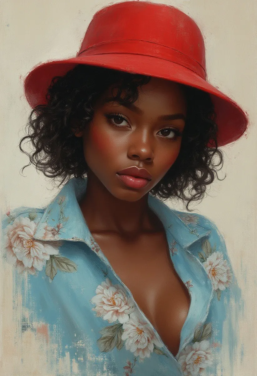 Portrait of a young African woman wearing a red bucket hat and a light blue Hawaiian shirt with white rose patterns, showing a smooth shaded, realistic painting style.