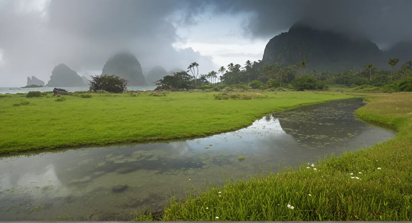 Scenic open landscape showing a rocky outcrop overlooking a tropical island with white sandy beaches, turquoise ocean, meadow grasses, and a clear creek under morning mist.