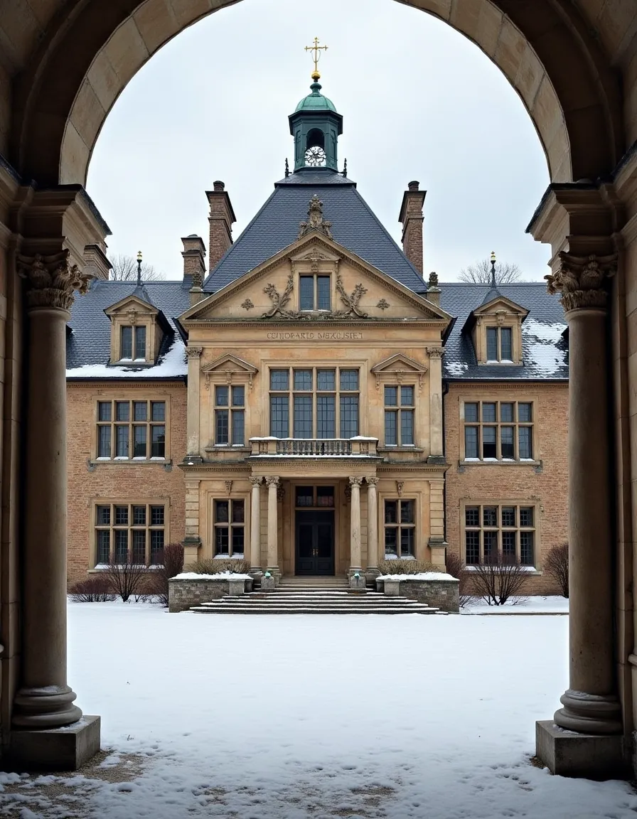 Snow-covered courtyard leading to a symmetrical Gilded Age mansion with stone columns, classical architectural details, and a cloudy sky backdrop.
