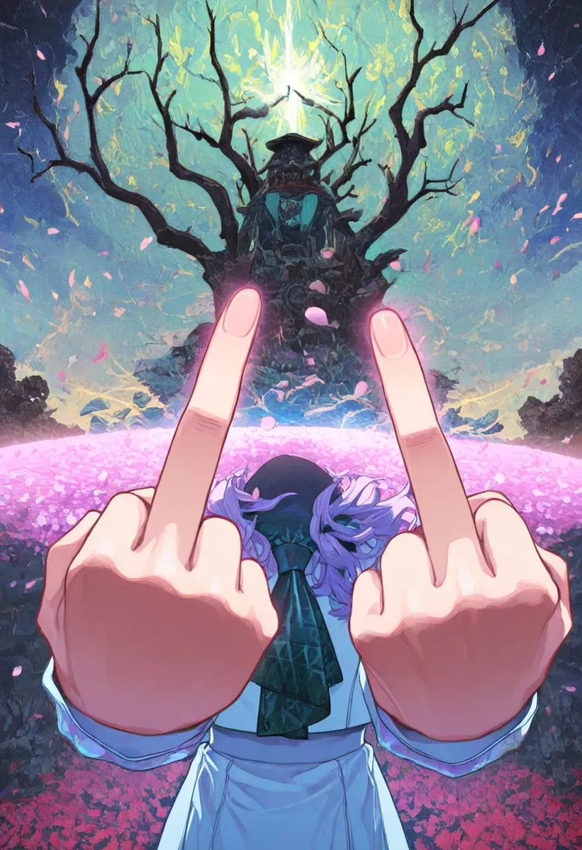 Anime-style character with purple hair showing both middle fingers in a foreshortened action pose against a glowing fractal abstract background featuring bare trees and falling flower petals.