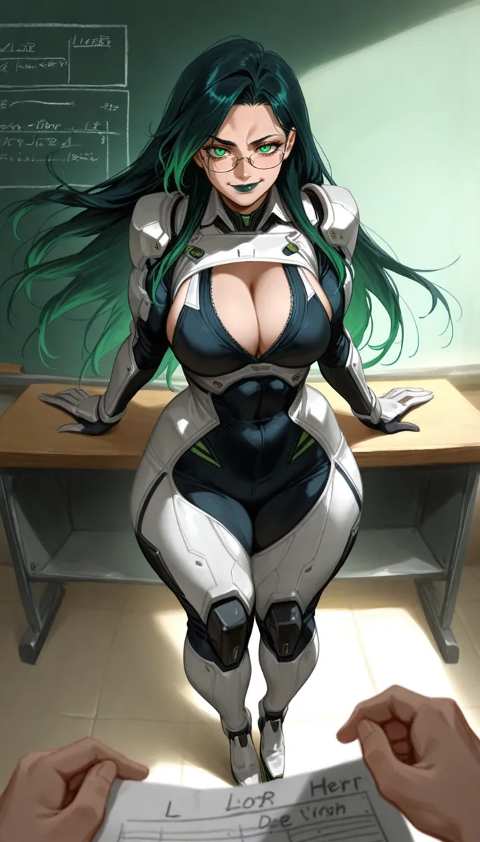 Muscular female teacher with green hair and glasses in futuristic armor stands confidently in a classroom, illuminated by warm afternoon light.