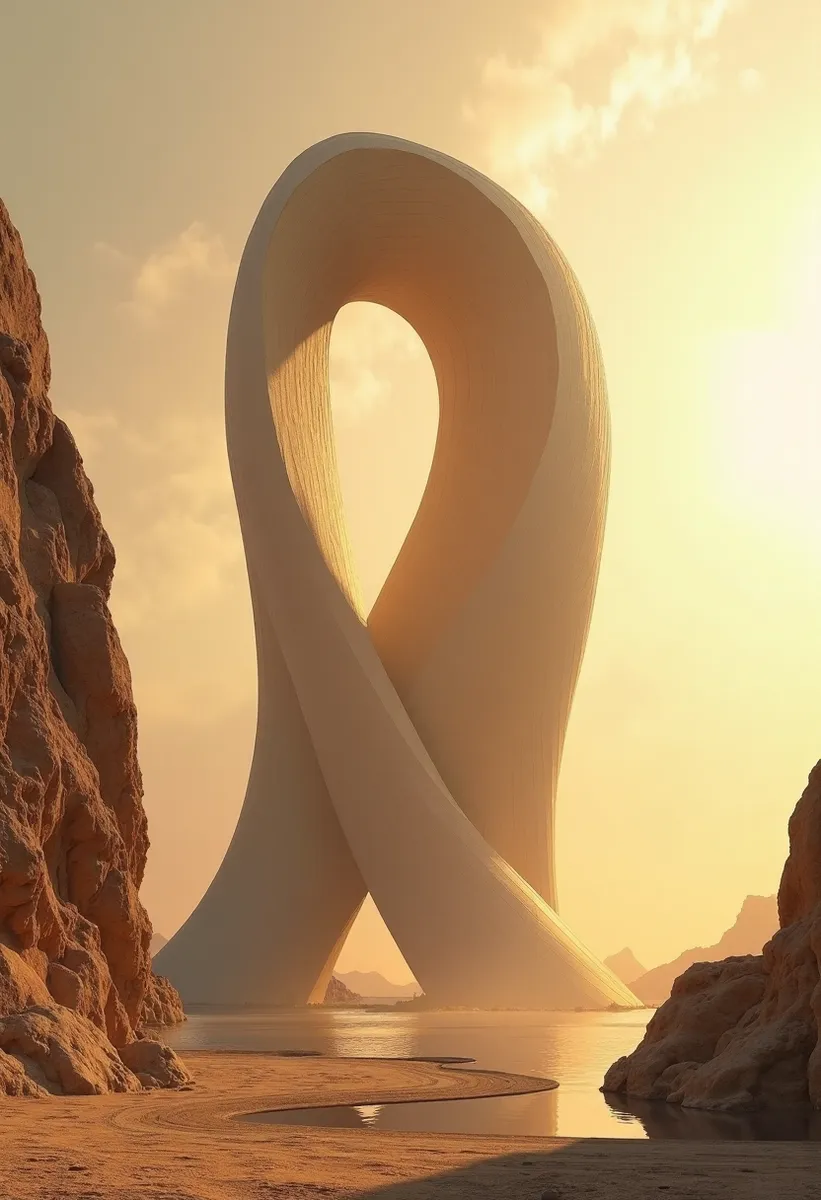 Innovative contemporary architectural structure resembling an abstract ancient Egyptian goddess, featuring sleek organic forms under smoky conditions by a rocky water landscape.
