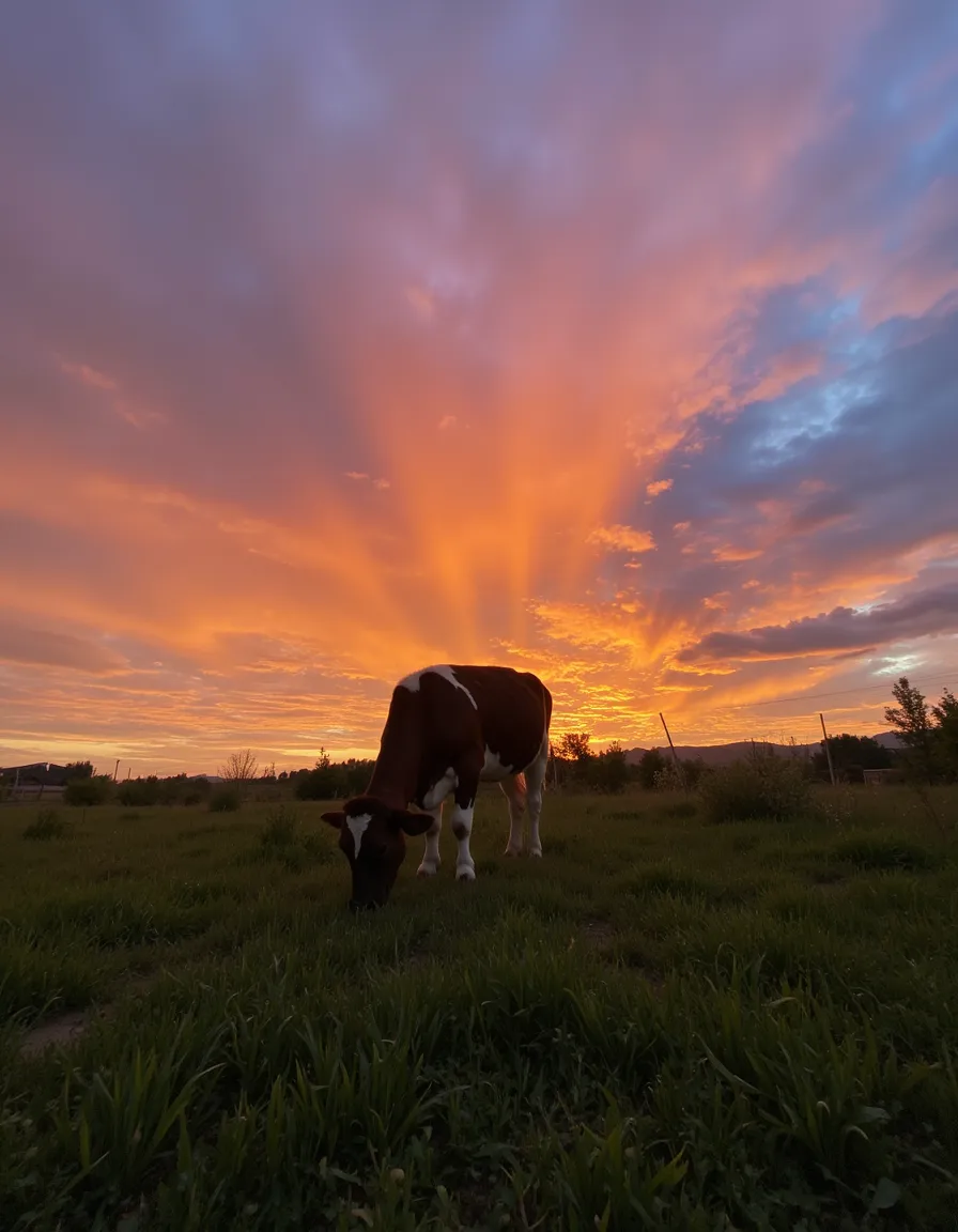 A cow grazing on green grass in a field under dramatic warm-colored sunset skies with clouds.