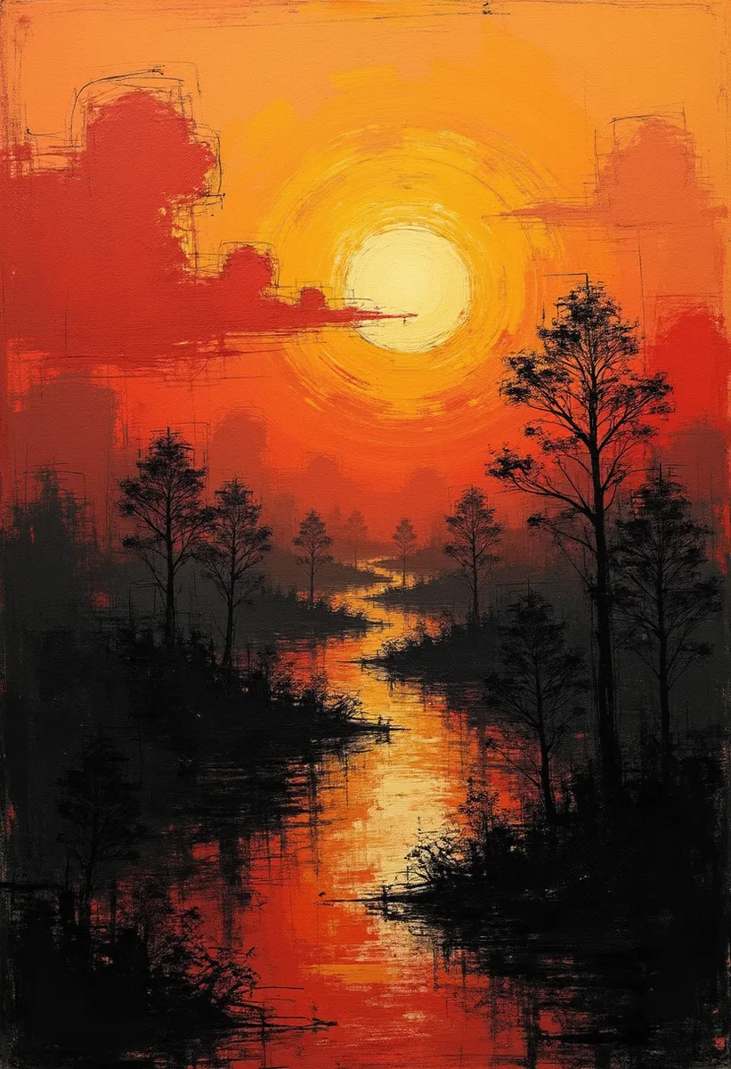 Sunset landscape blending Bauhaus art and charcoal drawing style, showing a winding river reflecting deep reds and yellows under a glowing sun with silhouetted trees.