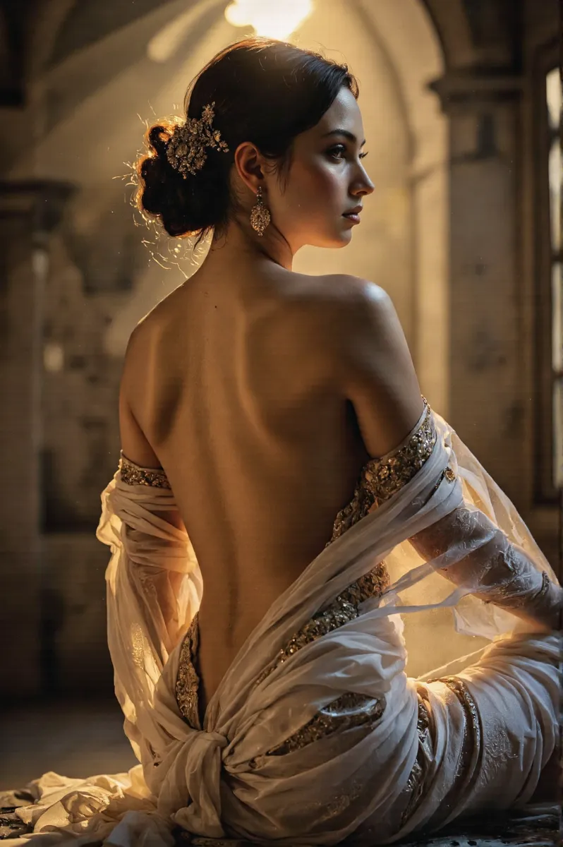Photo-realistic side profile of an elegant young woman with dark hair in an updo, wearing a sheer white sari with gold embroidery, sitting in a dimly lit arched room with soft warm light.