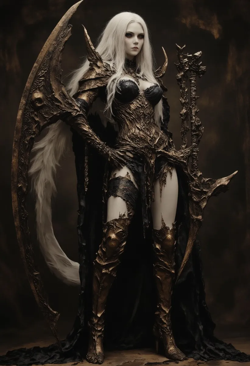 Ethereal white-haired female warrior in dark gothic armor wielding a large demonic scythe, standing against a shadowy background.