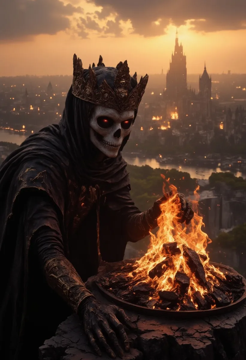 A photorealistic closeup of a skeletal king wearing a dark tattered cloak and ornate crown, tending to a glowing bonfire on a cliff with the burning city of Undead Burg in the dusk background.