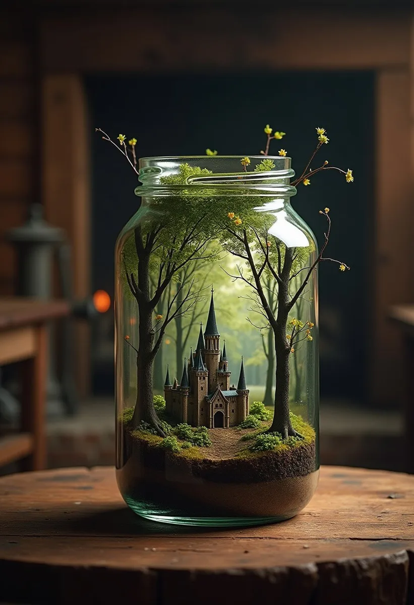 A glass jar sitting on an old oakwood table inside a shaded wooden cabin, containing a miniature forest and medieval castle with trees and floating lights inside.