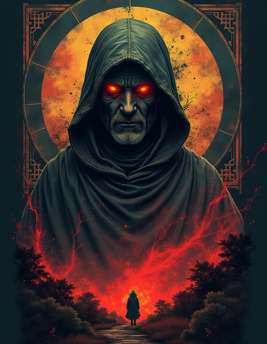 A menacing dark hooded figure with glowing red eyes stands against a large orange circular backdrop, above a fiery landscape with intense red lightning and silhouetted trees.