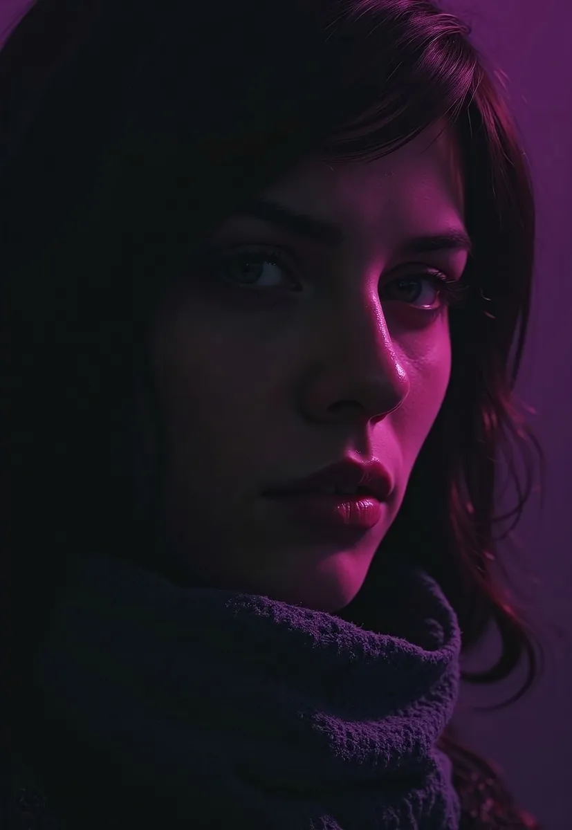 Close-up portrait of a woman with dramatic two-tone neon lighting, deep blacks, wearing a tattered high collar scarf that billows, in a hyperdetailed vaporwave style.