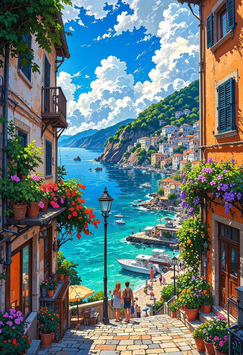 A vibrant view of Capri Island showing colorful tourists walking down stone steps towards a bright blue Mediterranean harbor, surrounded by orange buildings adorned with lush flower pots under a sunny sky with large white clouds.