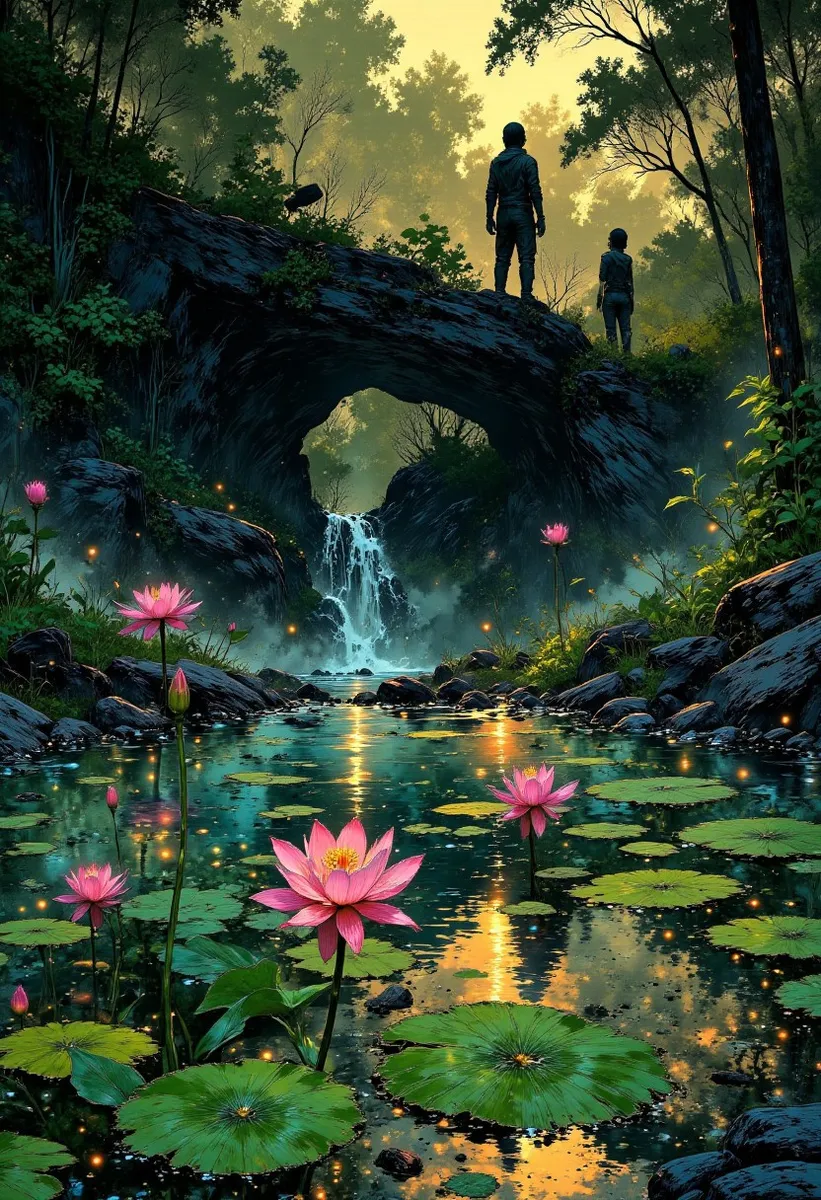 A tranquil Balinese sacred spring with clear water flowing from a natural rock arch waterfall into a lagoon filled with floating pink lotus flowers and lily pads, surrounded by dense jungle under golden afternoon light.