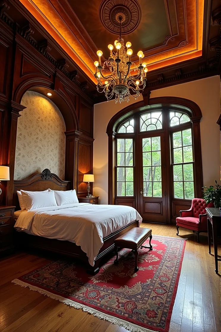 Classical bedroom featuring mahogany wood furniture including a bed and nightstands, a red Persian rug on a wood floor, a crystal chandelier, arched windows overlooking a forest, and warm ambient lighting.
