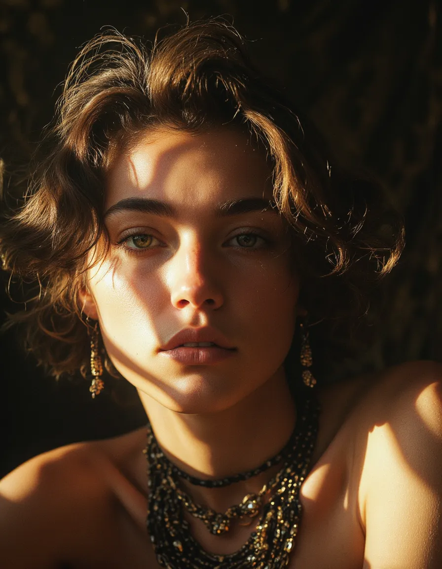 Cinematic portrait of a beautiful Berber woman with intricate light patterns on her face, thoughtful downward gaze, and adorned with detailed jewelry.