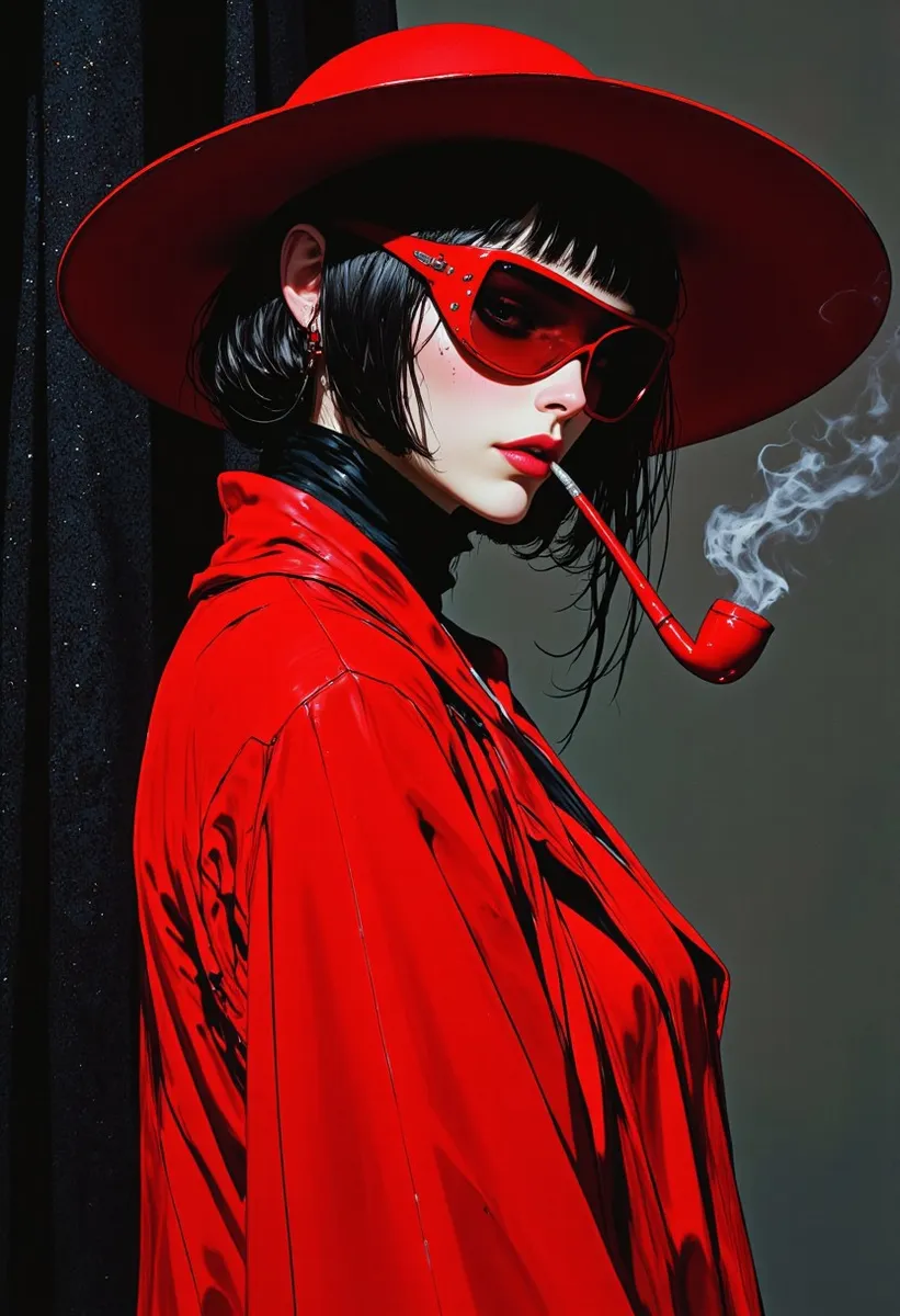 A punk-inspired woman wearing a vibrant red wide-brimmed hat, red sunglasses, and a stylish red jacket, smoking a pipe with soft, cinematic lighting highlighting her features.